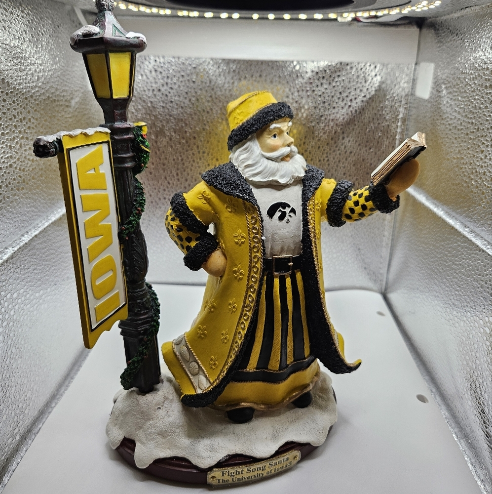 Iowa Fight Song Santa Figurine in Yellow and Black Licensed With Box